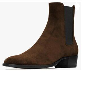 FOWT Dark Brown Men Fashion Round Toe Block Low Heel Pull On Stretchy Ankle Boot